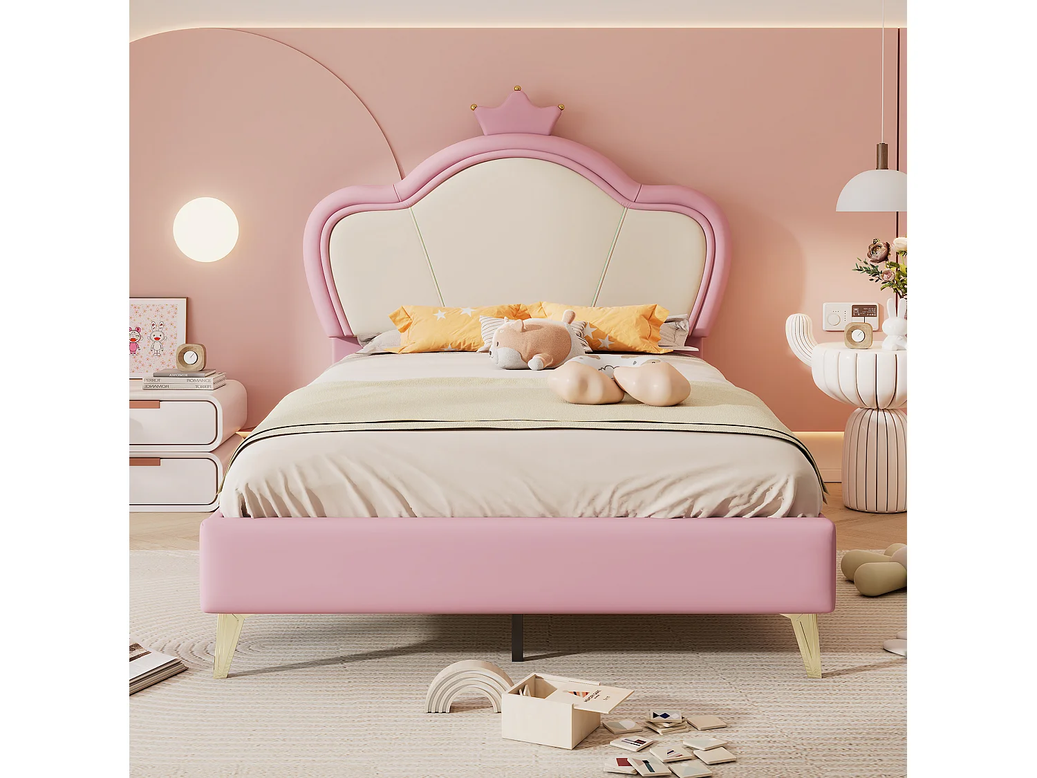Lit enfant 90x200 cm avec tête de lit, sommier à lattes - en cuir synthétique - rose et blanc - sans matelas