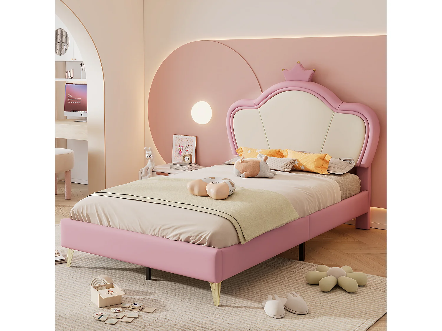 Lit enfant 90x200 cm avec tête de lit, sommier à lattes - en cuir synthétique - rose et blanc - sans matelas