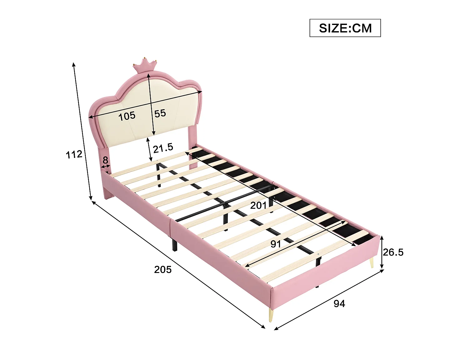 Lit enfant 90x200 cm avec tête de lit, sommier à lattes - en cuir synthétique - rose et blanc - sans matelas