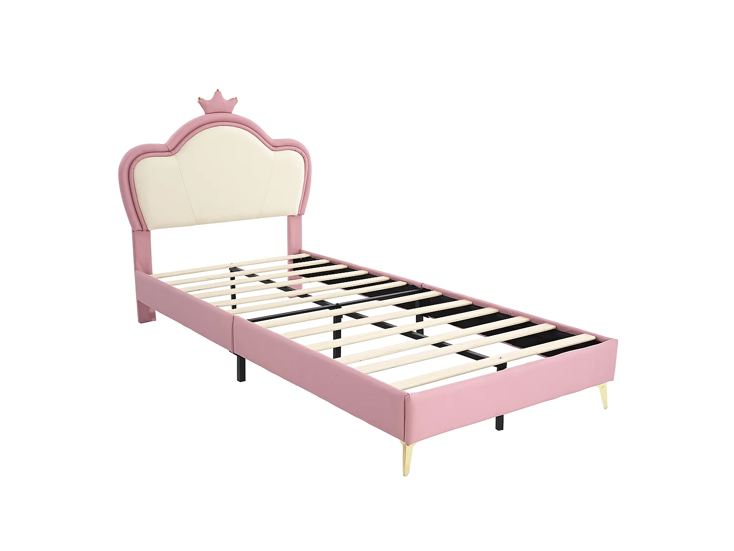 Lit enfant 90x200 cm avec tête de lit, sommier à lattes - en cuir synthétique - rose et blanc - sans matelas