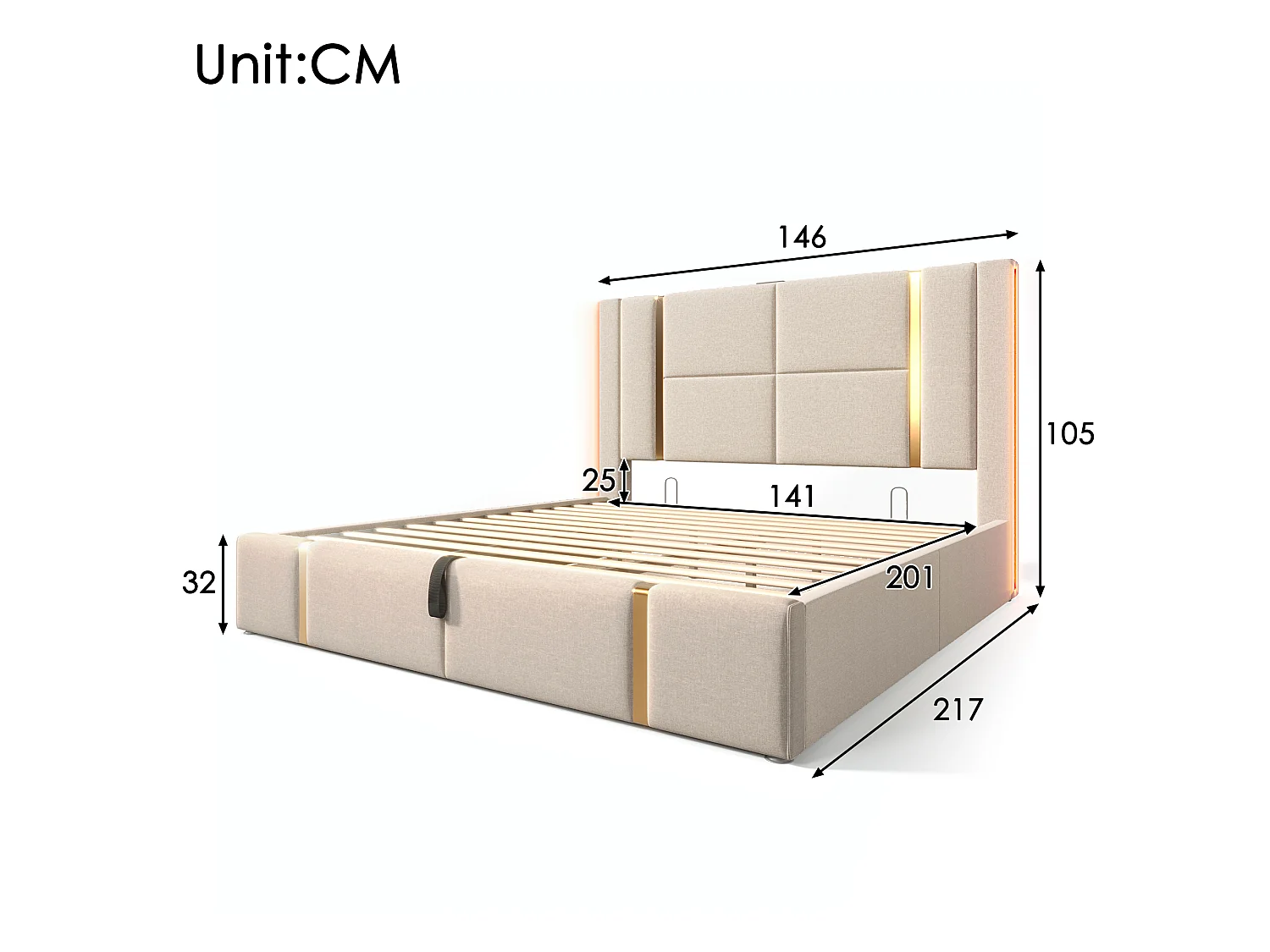 Lit coffre 140x200 cm avec tête de lit, USB/Type-C, éclairage LED, sommier à lattes - en lin - beige - matelas inclus