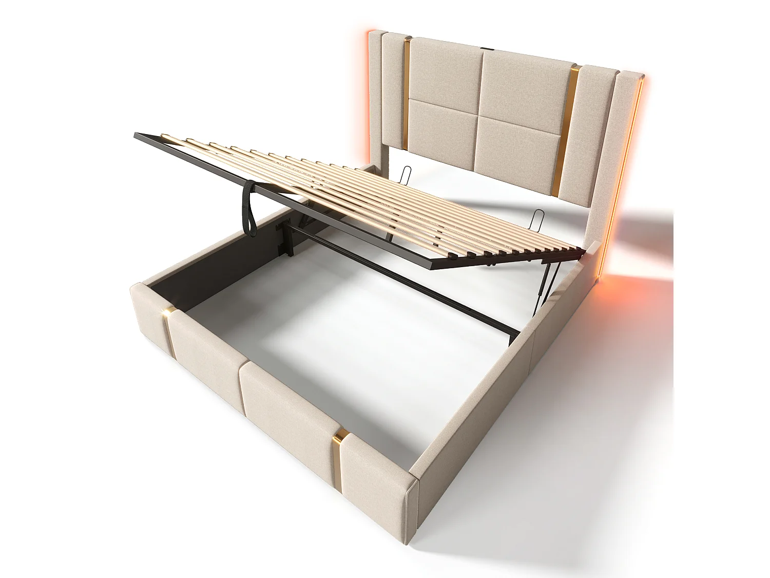 Lit coffre 140x200 cm avec tête de lit, USB/Type-C, éclairage LED, sommier à lattes - en lin - beige - matelas inclus