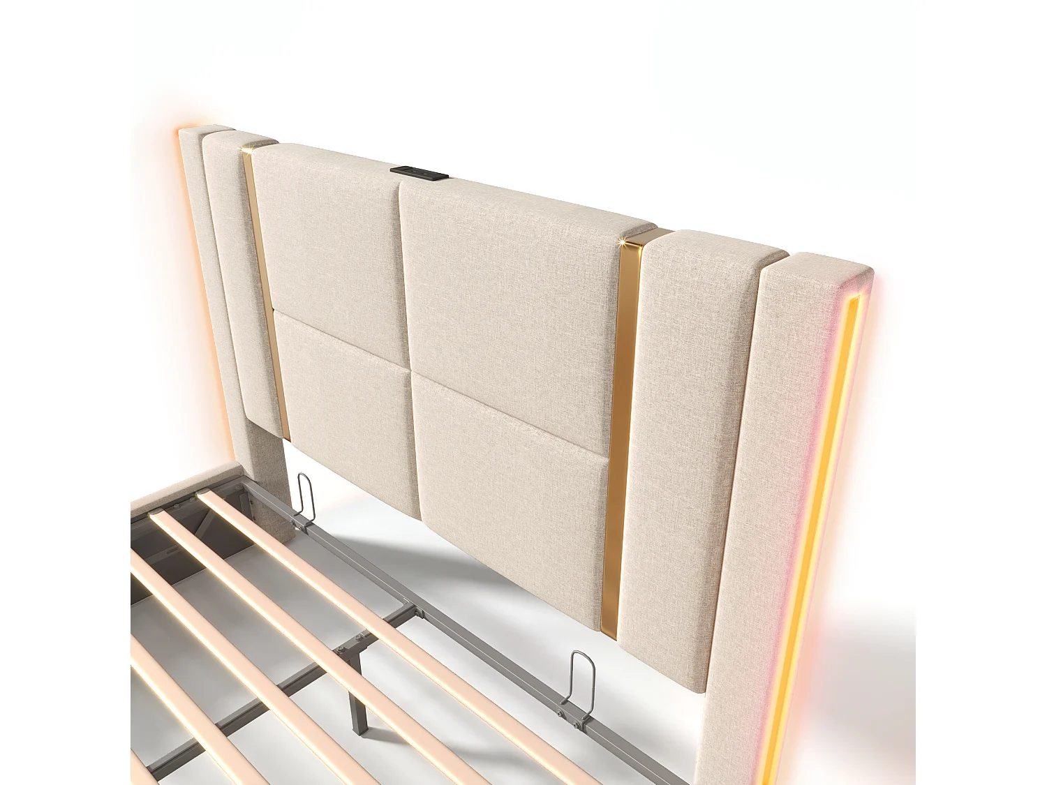 Lit coffre 140x200 cm avec tête de lit, USB/Type-C, éclairage LED, sommier à lattes - en lin - beige - matelas inclus