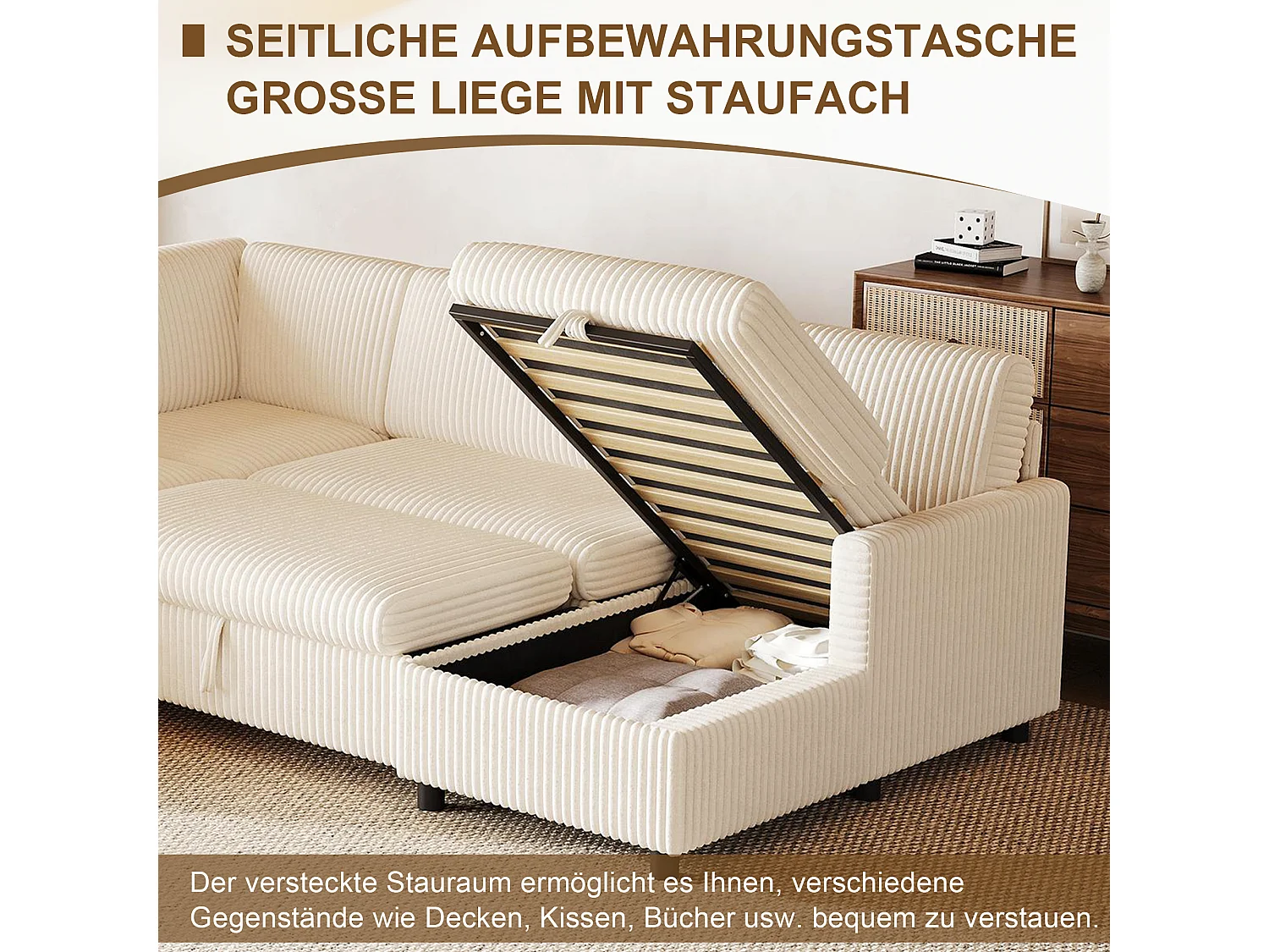 Canapé d'angle panoramique convertible 5 places avec rangement en velours côtelé beige
