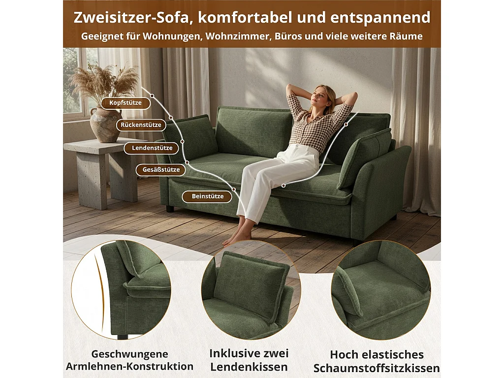 3-2 Modulaire bank, vrij samen te stellen, chenille-stof, 3-zits + 2-zits, inclusief kussens, zachte vulling, groen