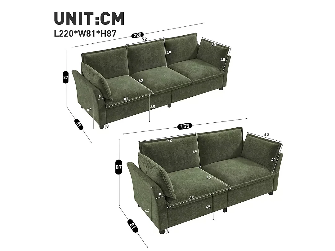 3-2 Modulaire bank, vrij samen te stellen, chenille-stof, 3-zits + 2-zits, inclusief kussens, zachte vulling, groen