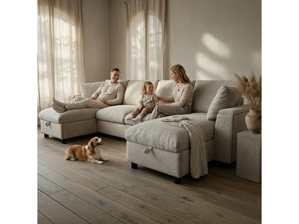 U-vormige bank, voorzien van een opklapbare opbergruimte, uitgerust met een USB-poort en een Type-C-poort, van chenille, beige