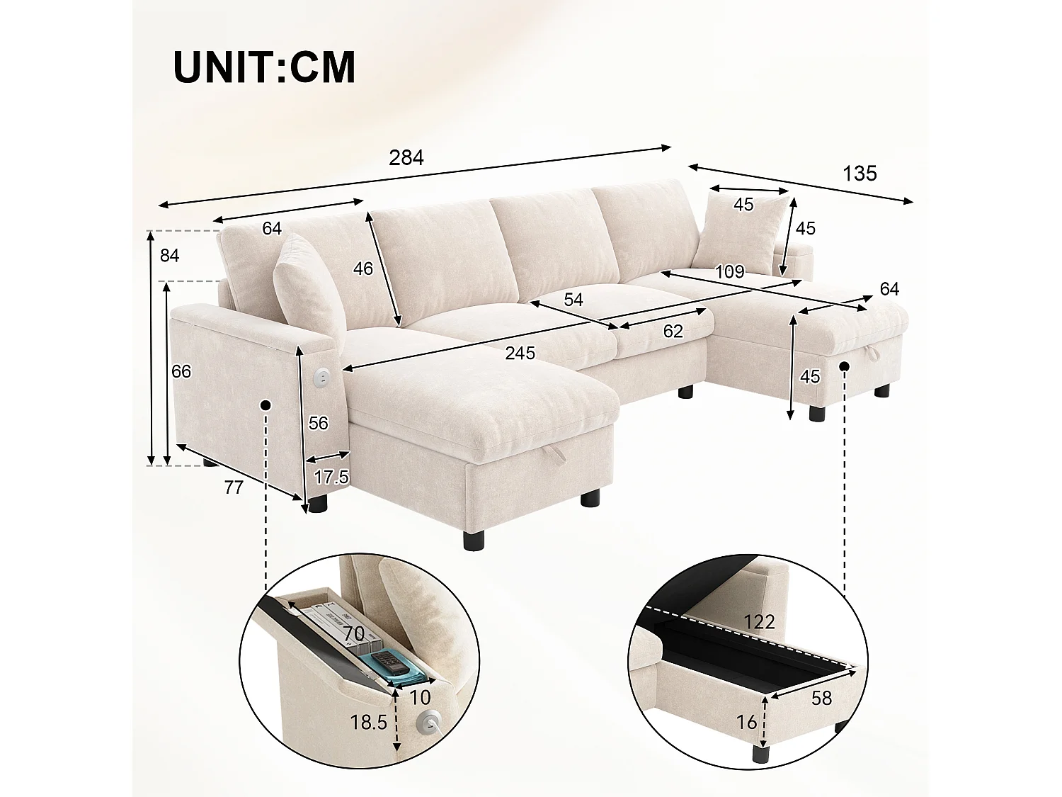 U-vormige bank, voorzien van een opklapbare opbergruimte, uitgerust met een USB-poort en een Type-C-poort, van chenille, beige