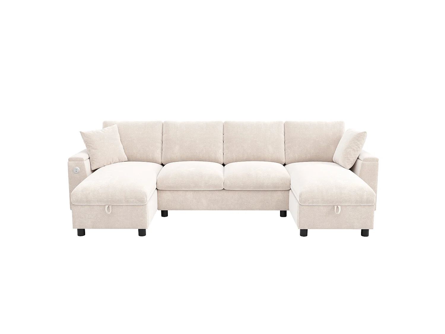 U-vormige bank, voorzien van een opklapbare opbergruimte, uitgerust met een USB-poort en een Type-C-poort, van chenille, beige