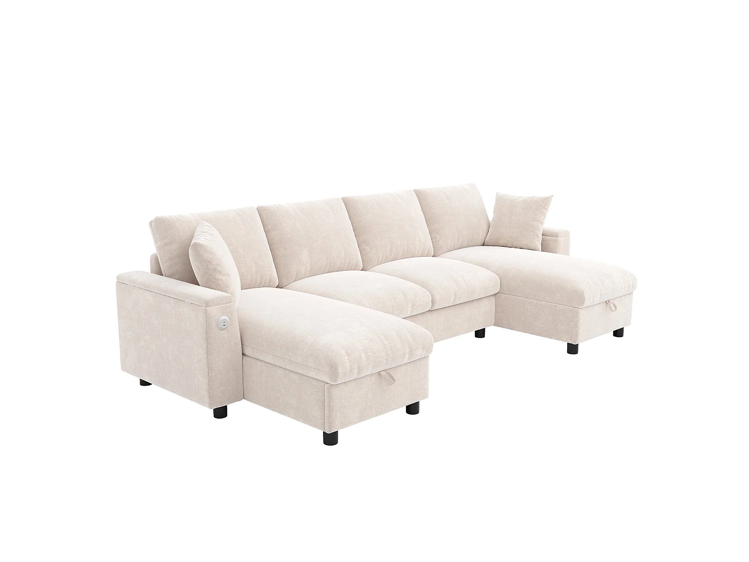 U-vormige bank, voorzien van een opklapbare opbergruimte, uitgerust met een USB-poort en een Type-C-poort, van chenille, beige