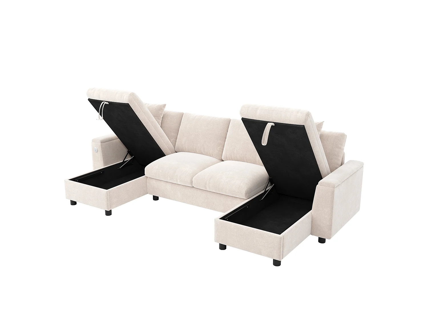 U-vormige bank, voorzien van een opklapbare opbergruimte, uitgerust met een USB-poort en een Type-C-poort, van chenille, beige