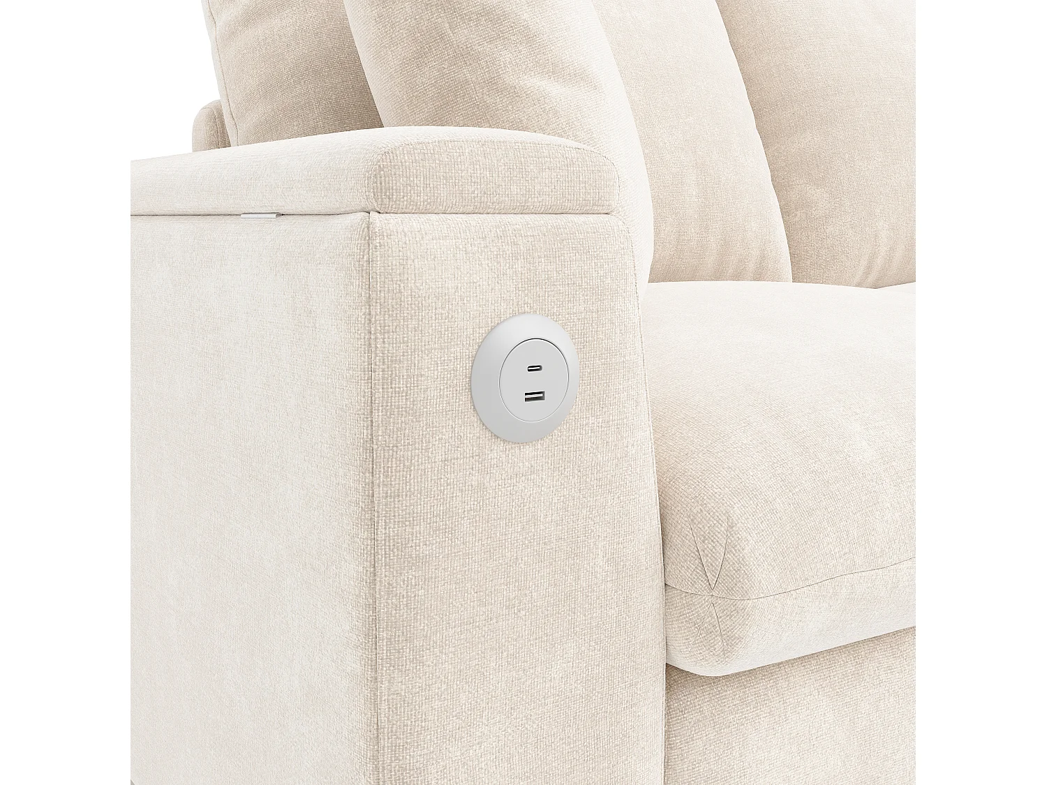 U-vormige bank, voorzien van een opklapbare opbergruimte, uitgerust met een USB-poort en een Type-C-poort, van chenille, beige