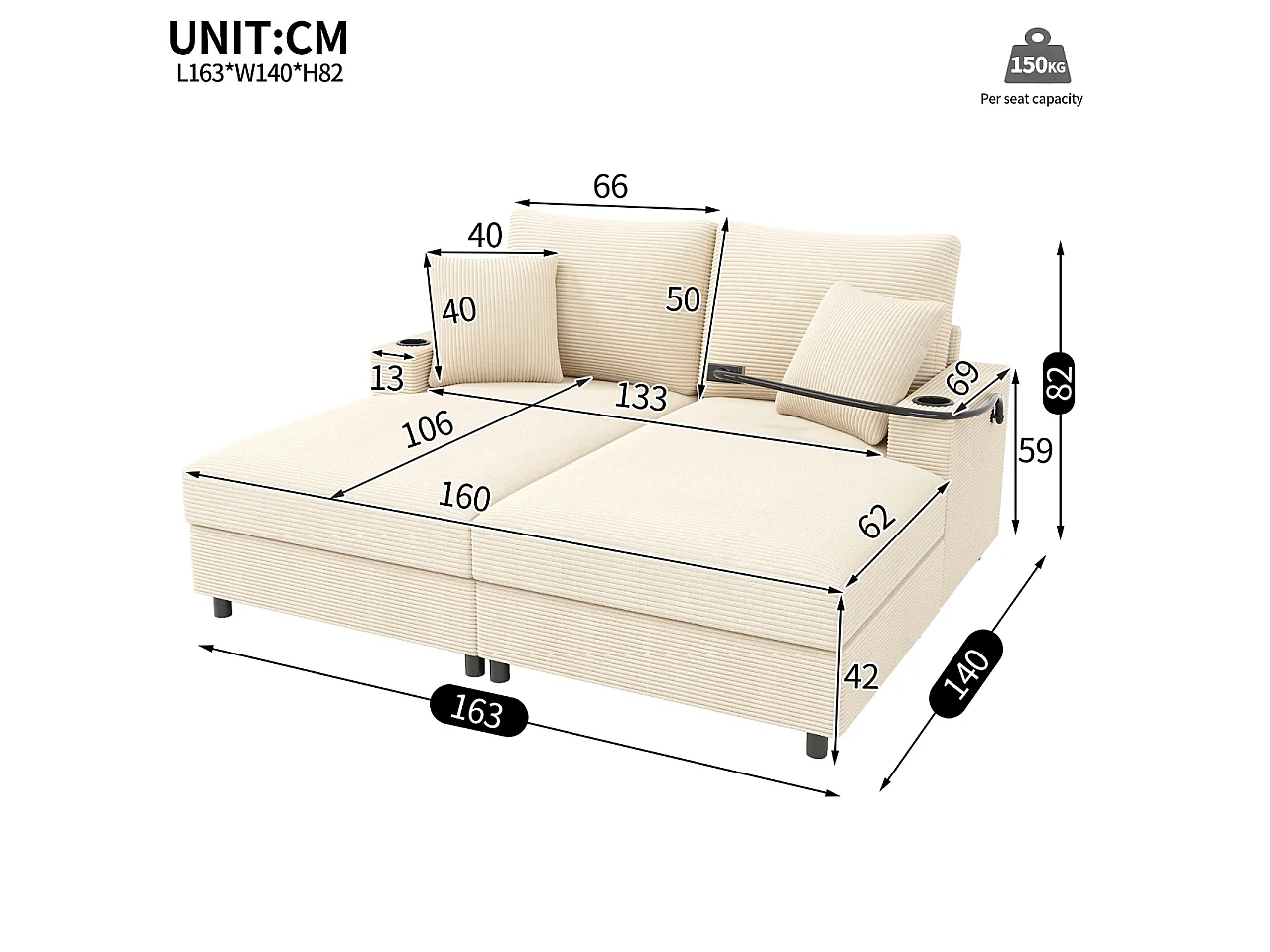 Sofá-cama de dois lugares, com função de extensão estofada, suporte para telemóvel, porta USB e porta-copos, bege