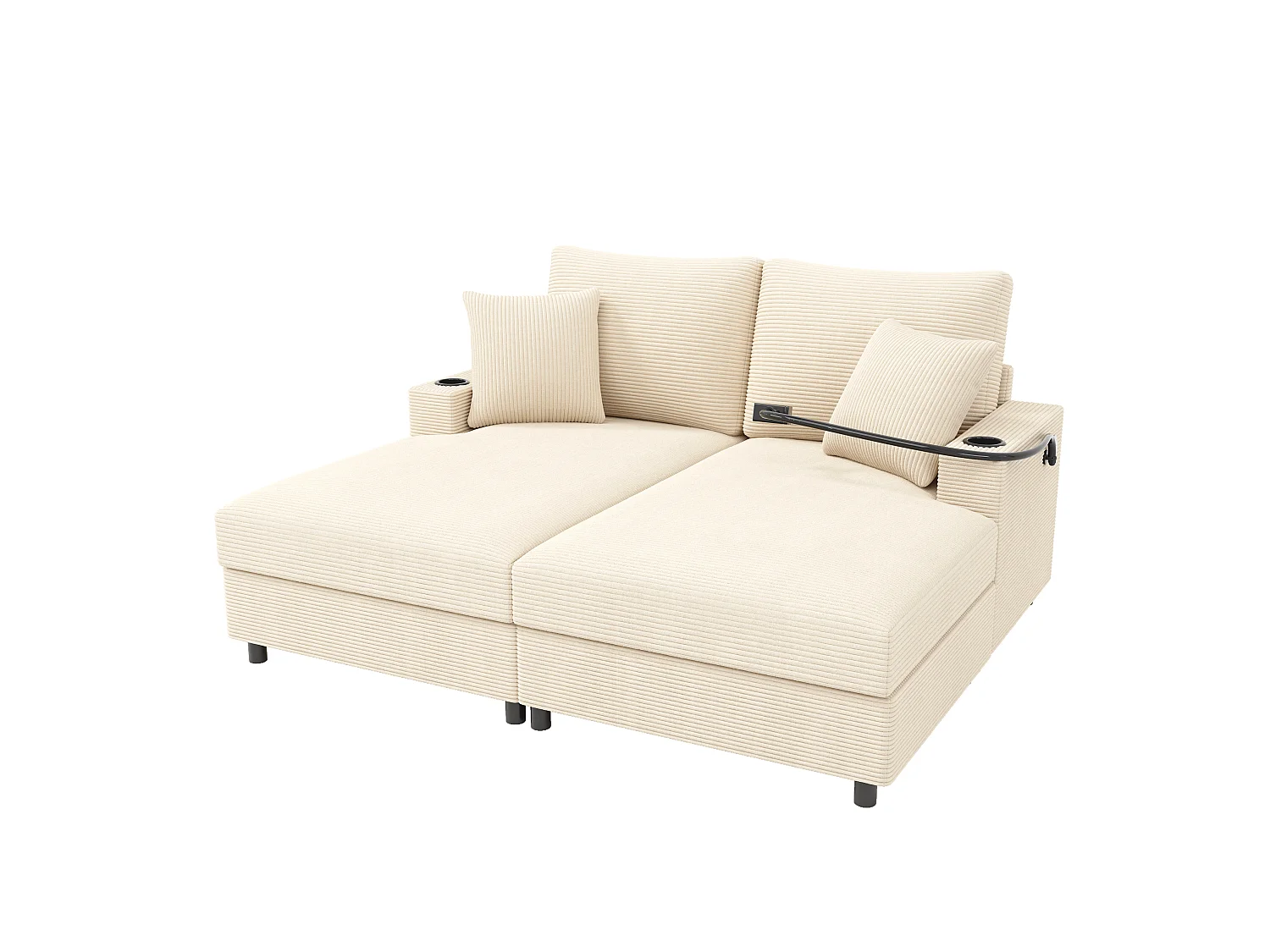Sofá-cama de dois lugares, com função de extensão estofada, suporte para telemóvel, porta USB e porta-copos, bege