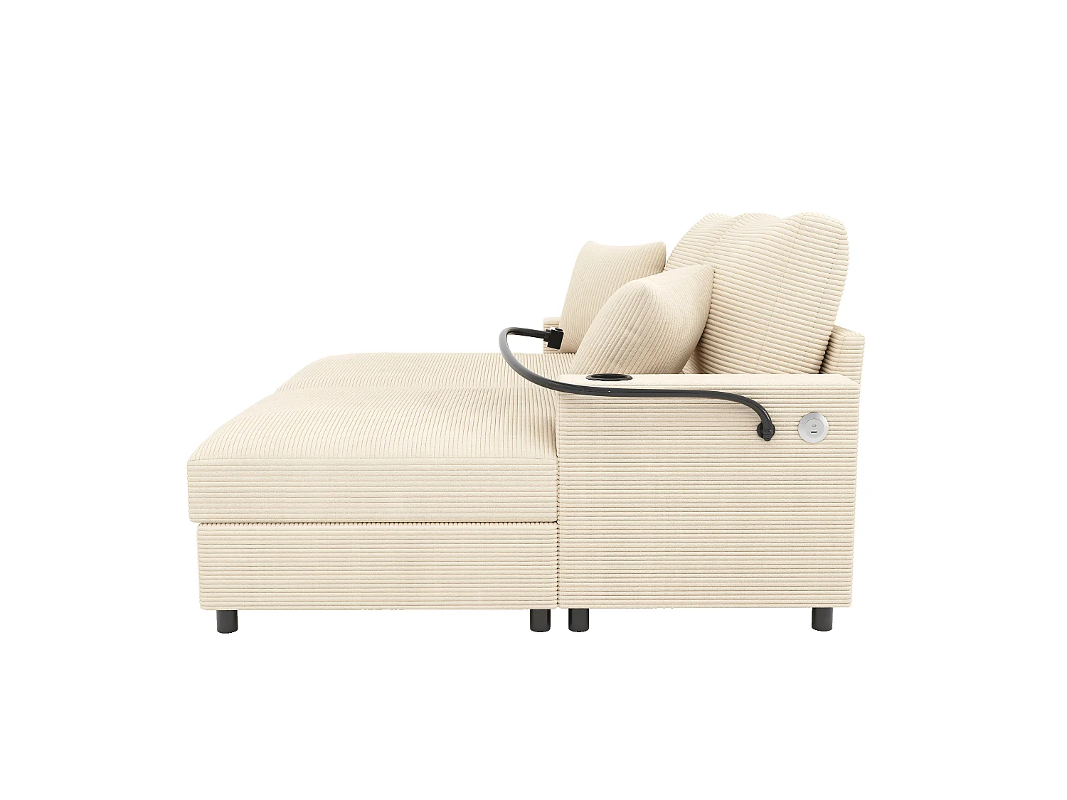 Sofá-cama de dois lugares, com função de extensão estofada, suporte para telemóvel, porta USB e porta-copos, bege