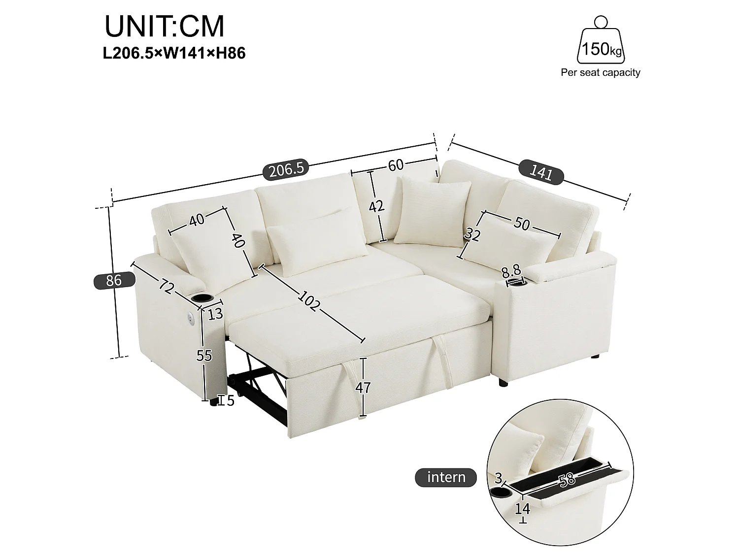 Sofá de canto em L, com espaço de arrumação, porta-copos, porta USB, tabuleiro no apoio de braço e quatro almofadas, bege