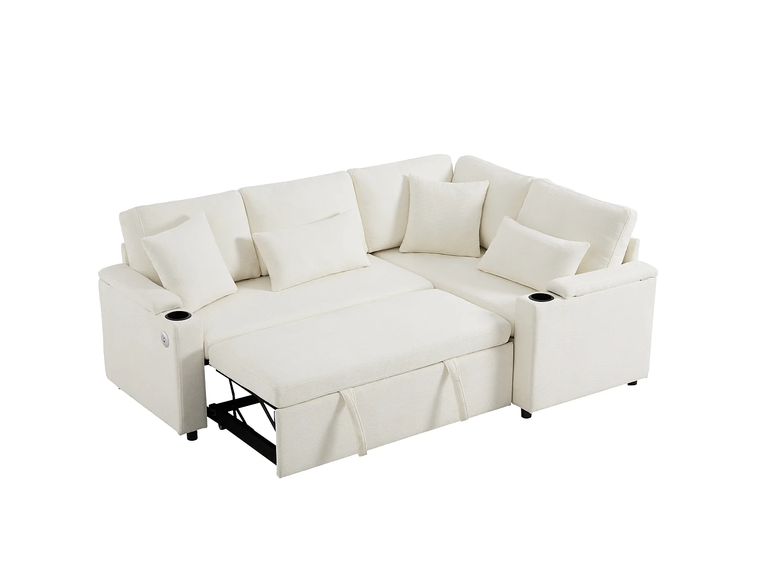 Sofá de canto em L, com espaço de arrumação, porta-copos, porta USB, tabuleiro no apoio de braço e quatro almofadas, bege