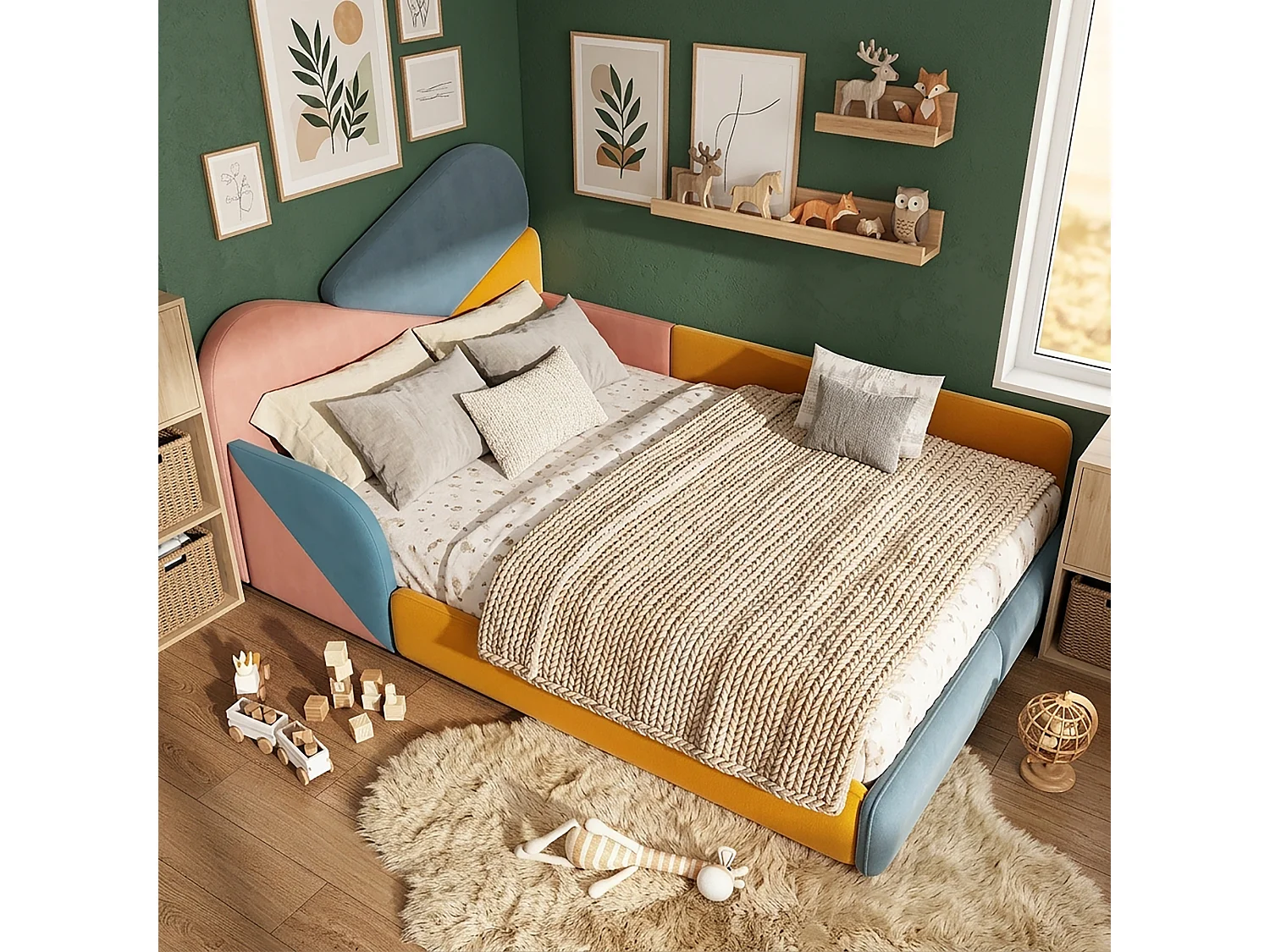 Lit double 140x200 rembourré, tête colorée, barrières latérales, lit au sol, pour chambre