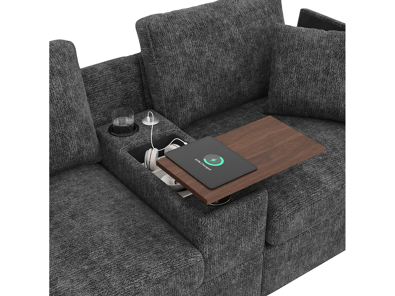 L-vormige bank, voorzien van USB-/Type-C-poorten, bekerhouders, een salontafel en een voetensteun, grijs