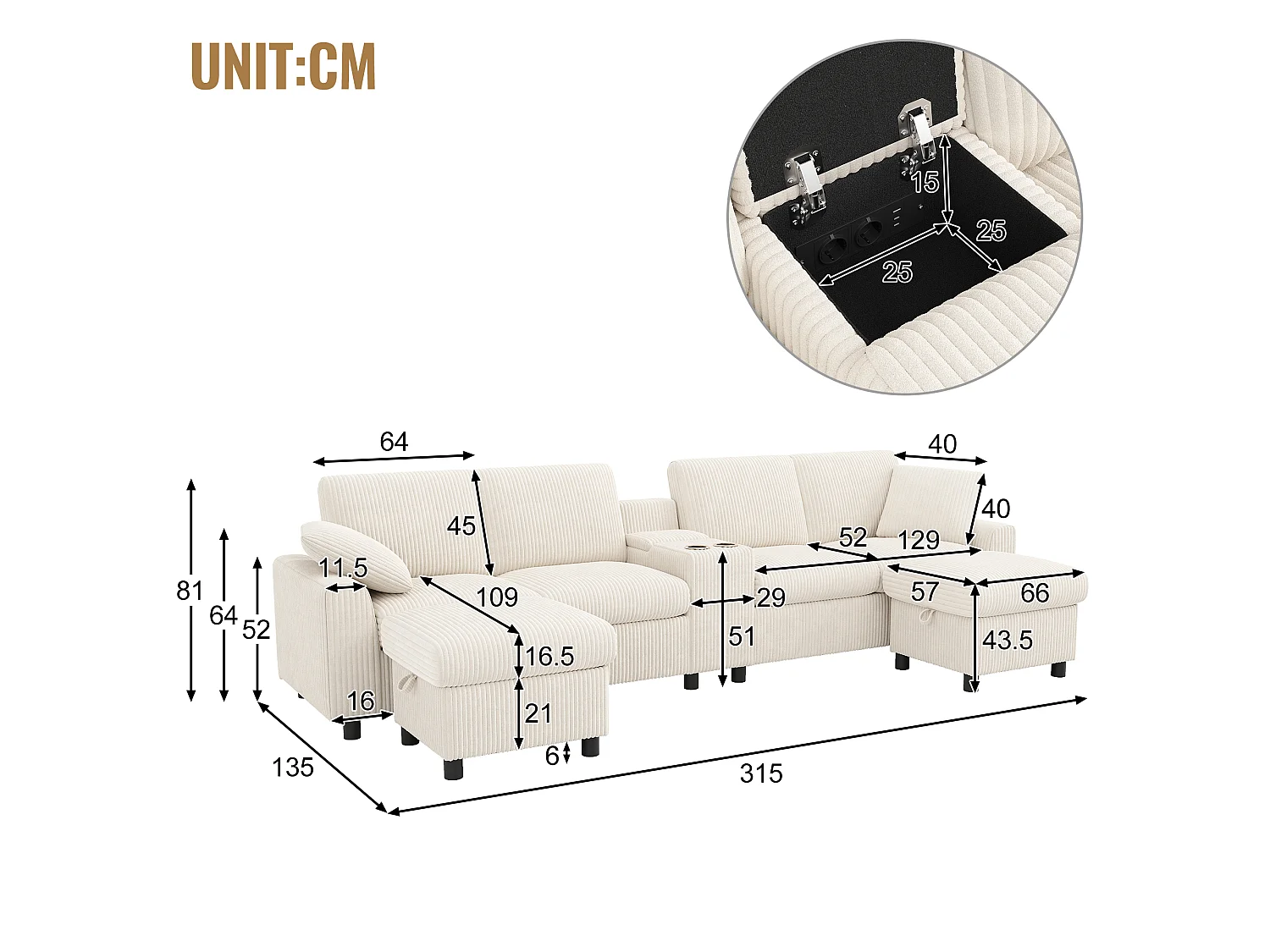 Canapé d'angle relax électrique 4 places en velours côtelé beige