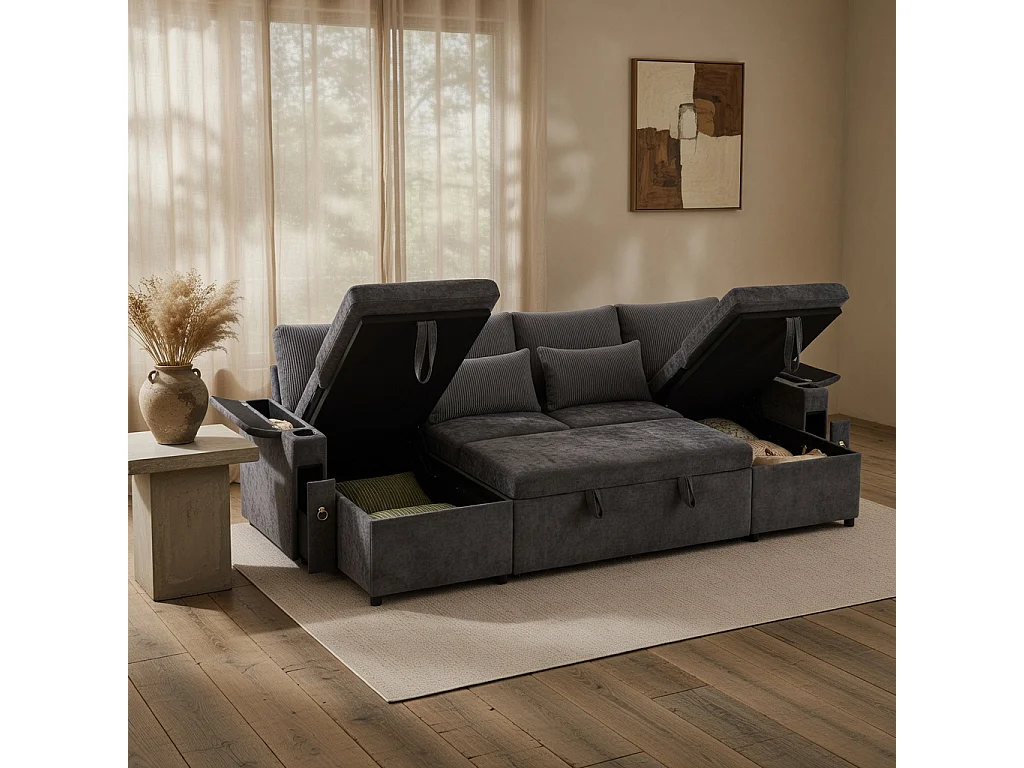 Sofá em U de quatro lugares, com espaço de arrumação e função de cama, incluindo porta-copos e almofadas de apoio, cinzento