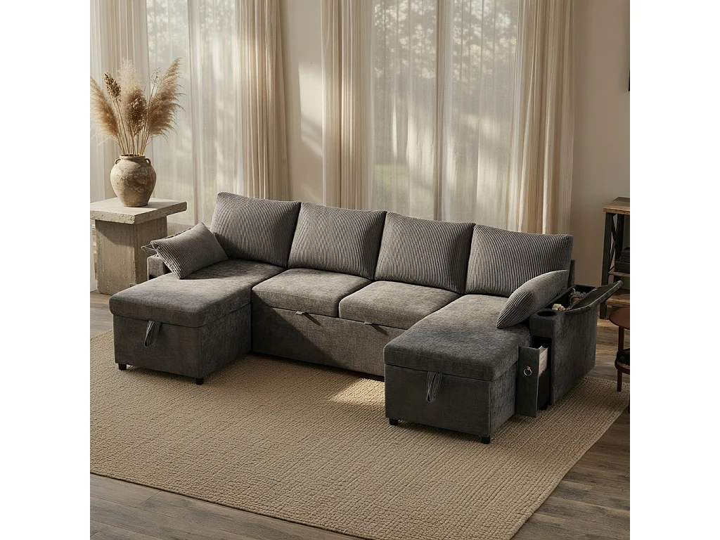 Sofá em U de quatro lugares, com espaço de arrumação e função de cama, incluindo porta-copos e almofadas de apoio, cinzento