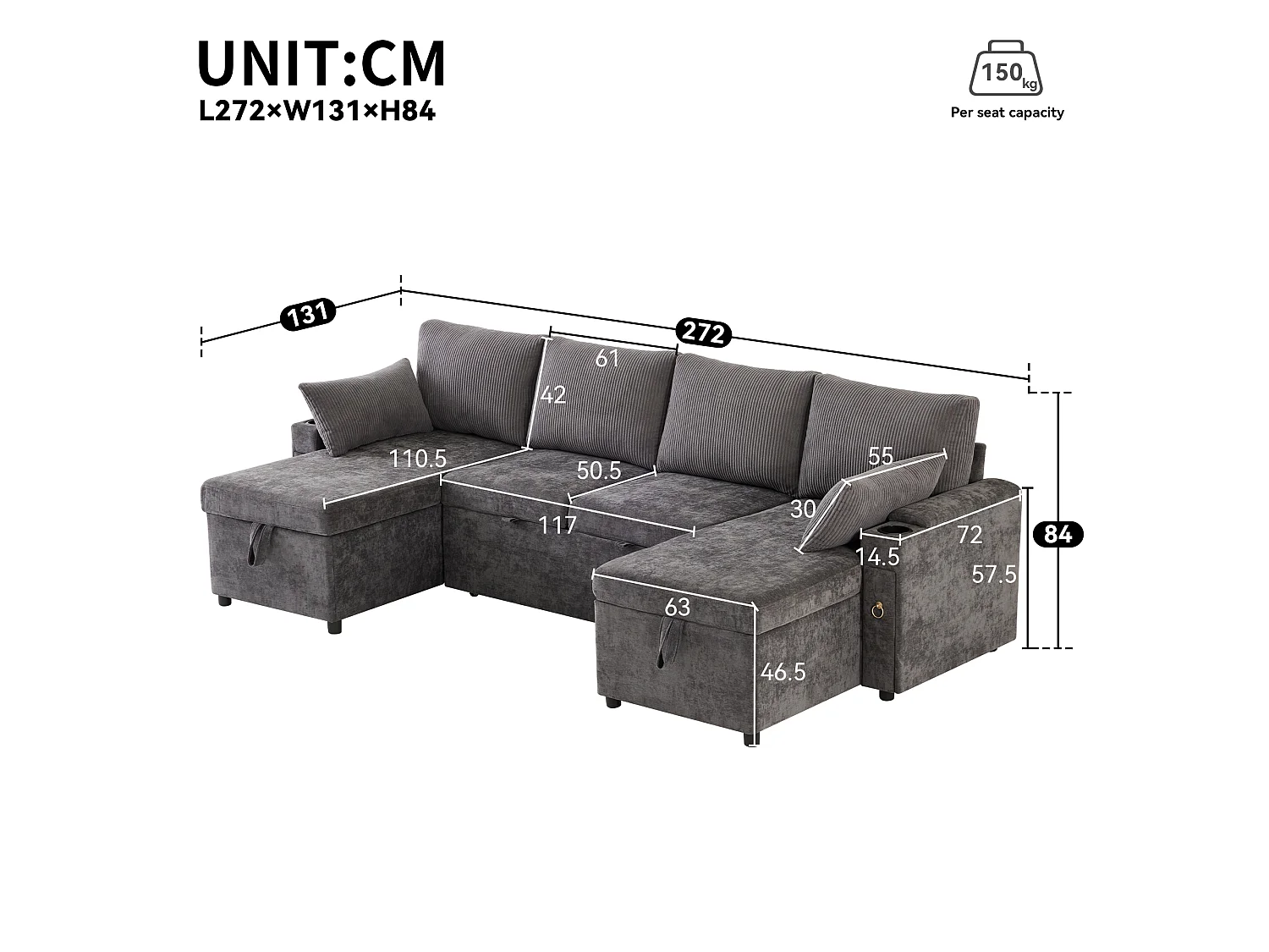 Sofá em U de quatro lugares, com espaço de arrumação e função de cama, incluindo porta-copos e almofadas de apoio, cinzento