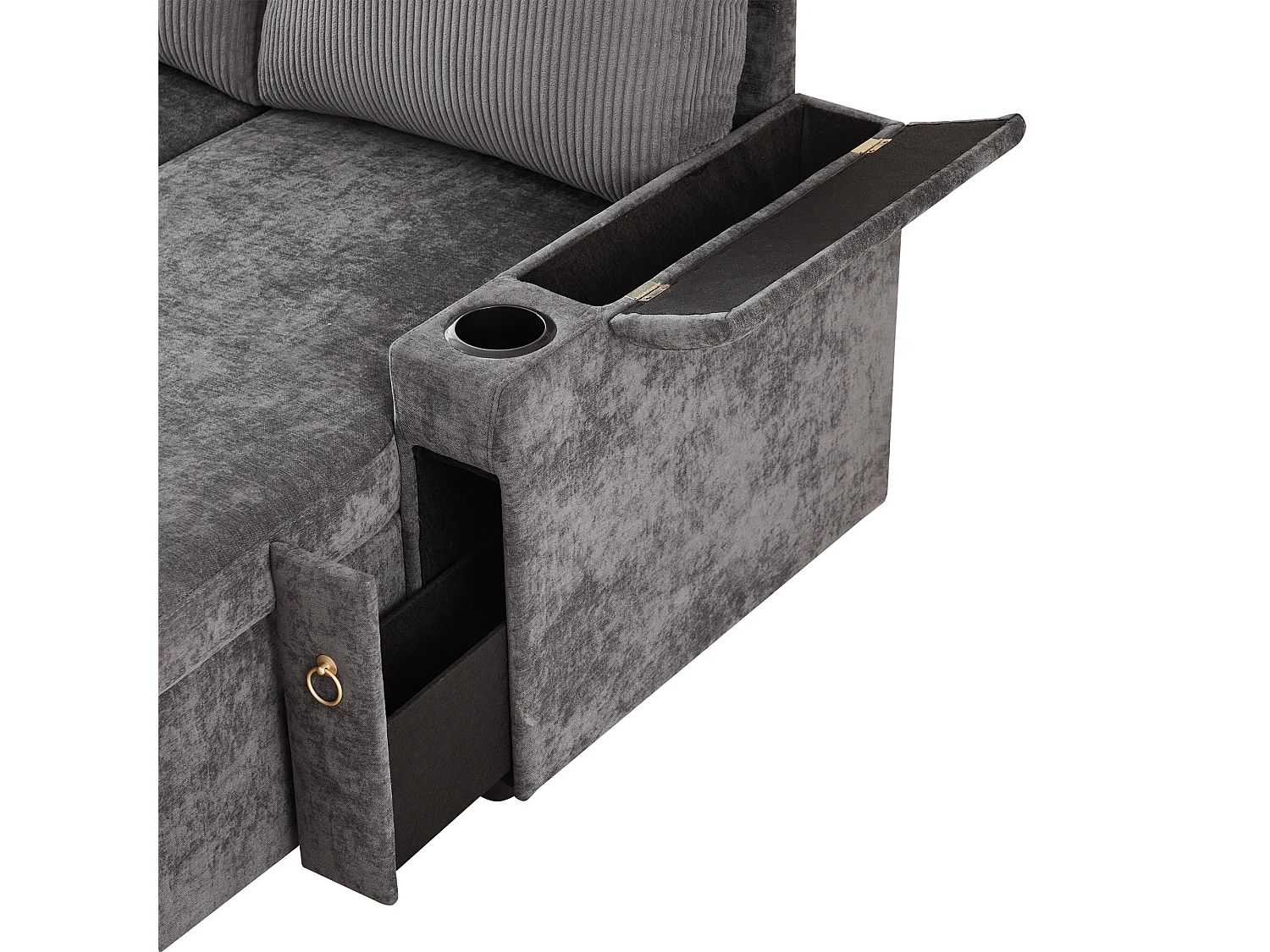 Sofá em U de quatro lugares, com espaço de arrumação e função de cama, incluindo porta-copos e almofadas de apoio, cinzento