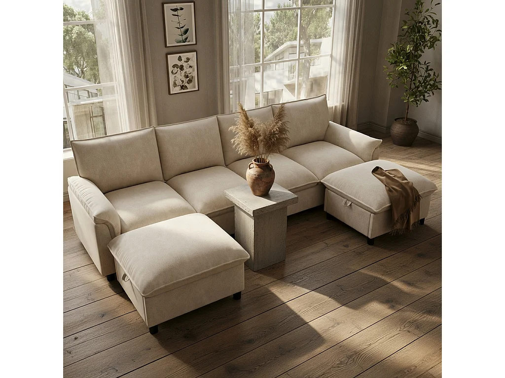 U-vormige hoekbank, met diepe zitting, voorzien van 2 afneembare voetsteunen, hoge rugleuning, beige