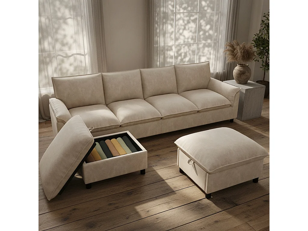 U-vormige hoekbank, met diepe zitting, voorzien van 2 afneembare voetsteunen, hoge rugleuning, beige