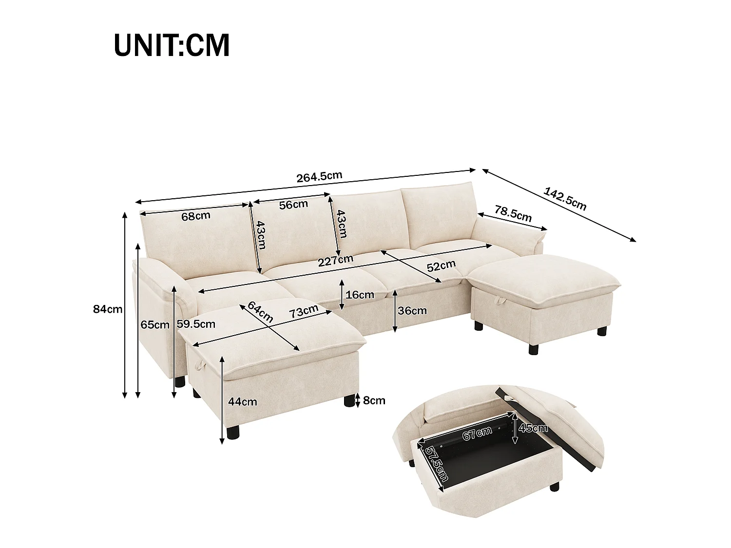 U-vormige hoekbank, met diepe zitting, voorzien van 2 afneembare voetsteunen, hoge rugleuning, beige