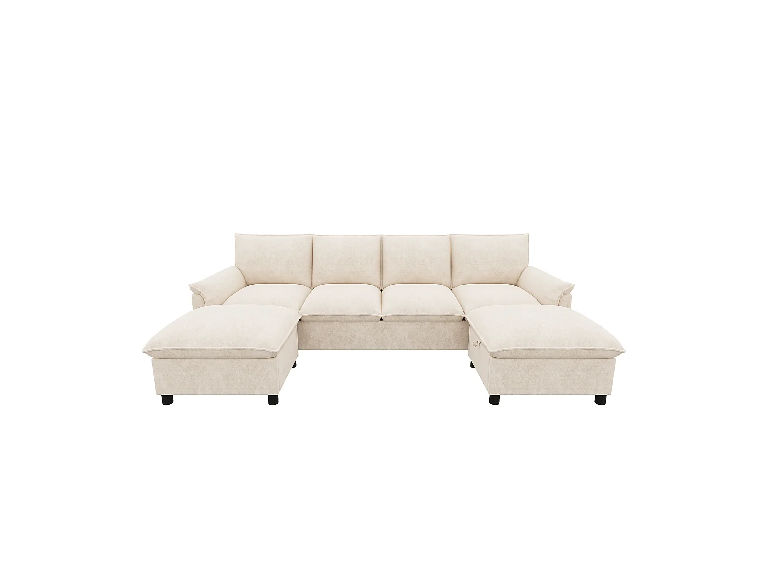 U-vormige hoekbank, met diepe zitting, voorzien van 2 afneembare voetsteunen, hoge rugleuning, beige