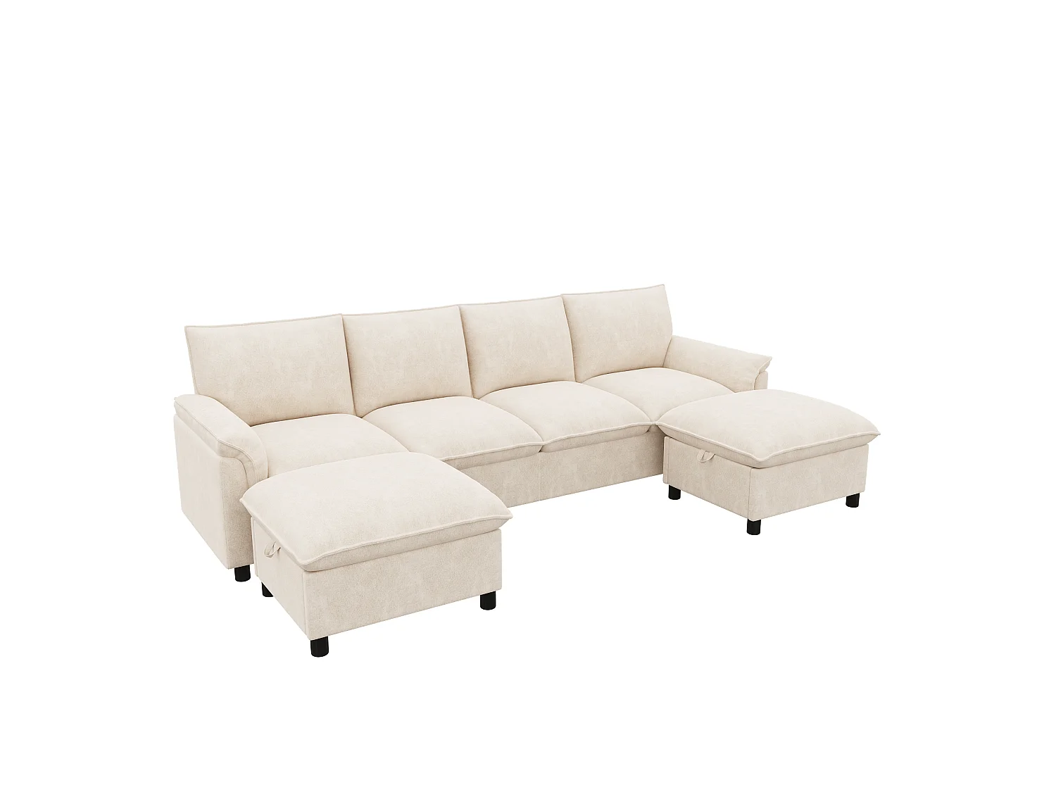 U-vormige hoekbank, met diepe zitting, voorzien van 2 afneembare voetsteunen, hoge rugleuning, beige