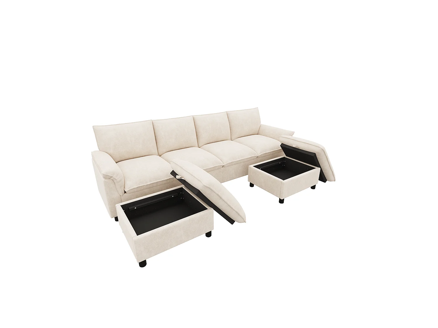 U-vormige hoekbank, met diepe zitting, voorzien van 2 afneembare voetsteunen, hoge rugleuning, beige