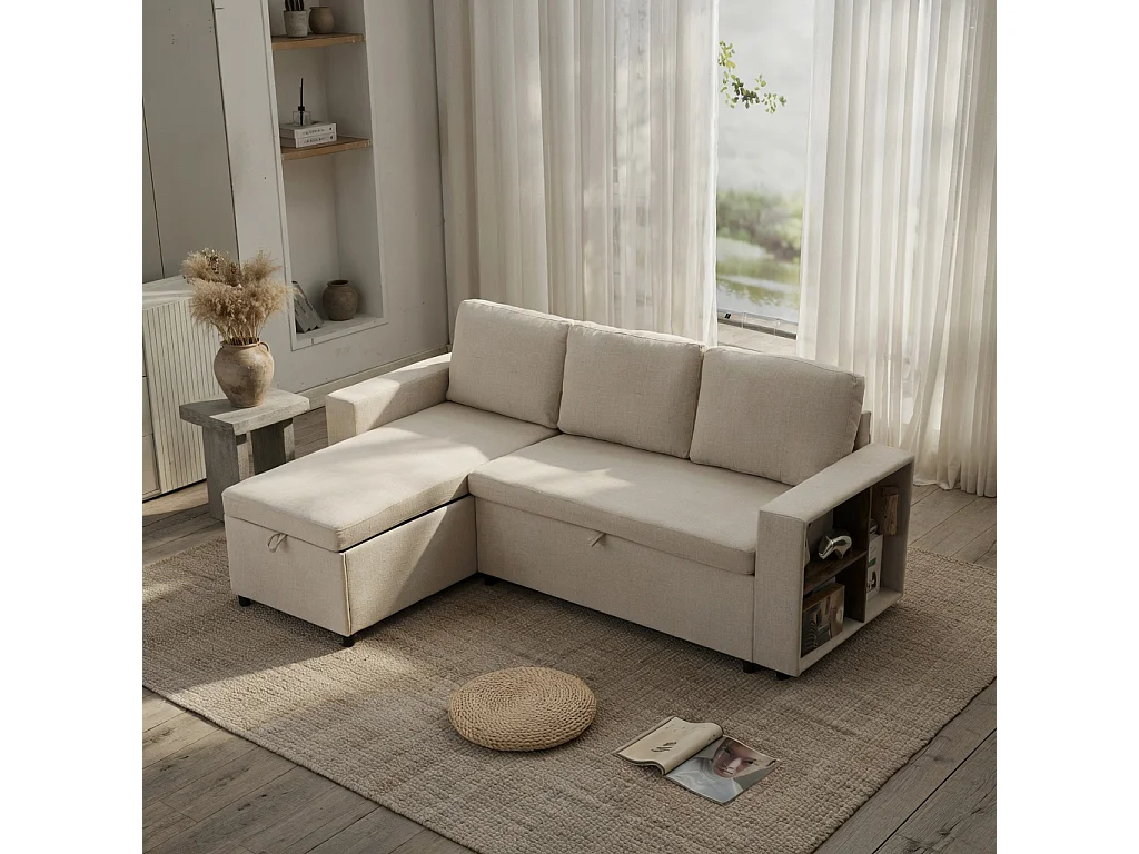 Sofá de canto, arrumação lateral, veludo chenille, capacidade de carga de 120 kg, montagem possível à esquerda ou à direita, bege