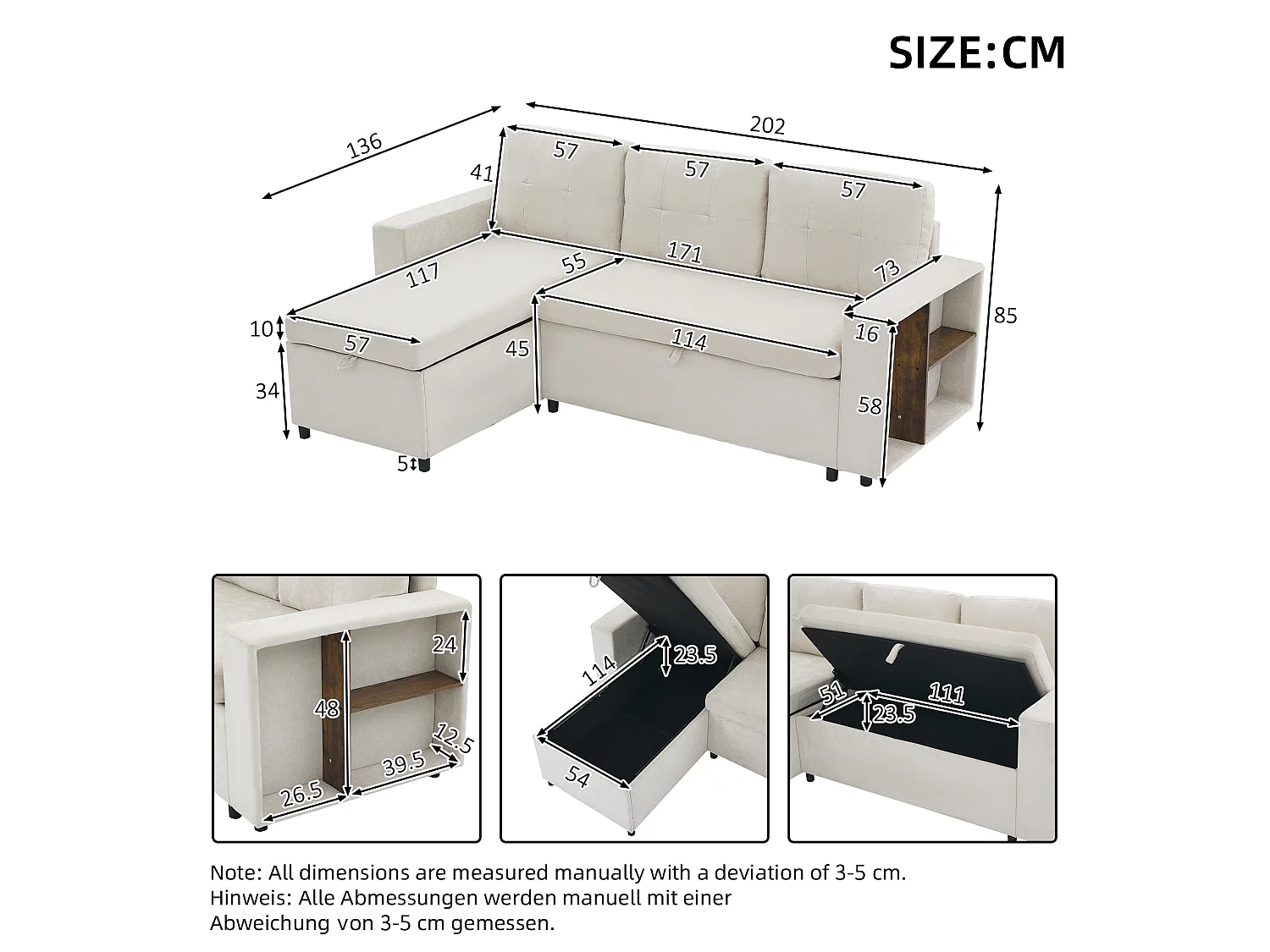 Sofá de canto, arrumação lateral, veludo chenille, capacidade de carga de 120 kg, montagem possível à esquerda ou à direita, bege