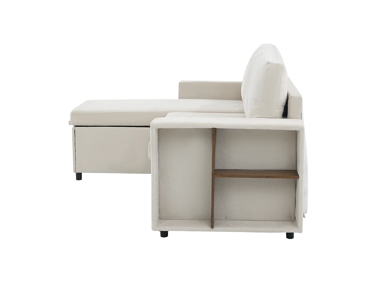 Sofá de canto, arrumação lateral, veludo chenille, capacidade de carga de 120 kg, montagem possível à esquerda ou à direita, bege