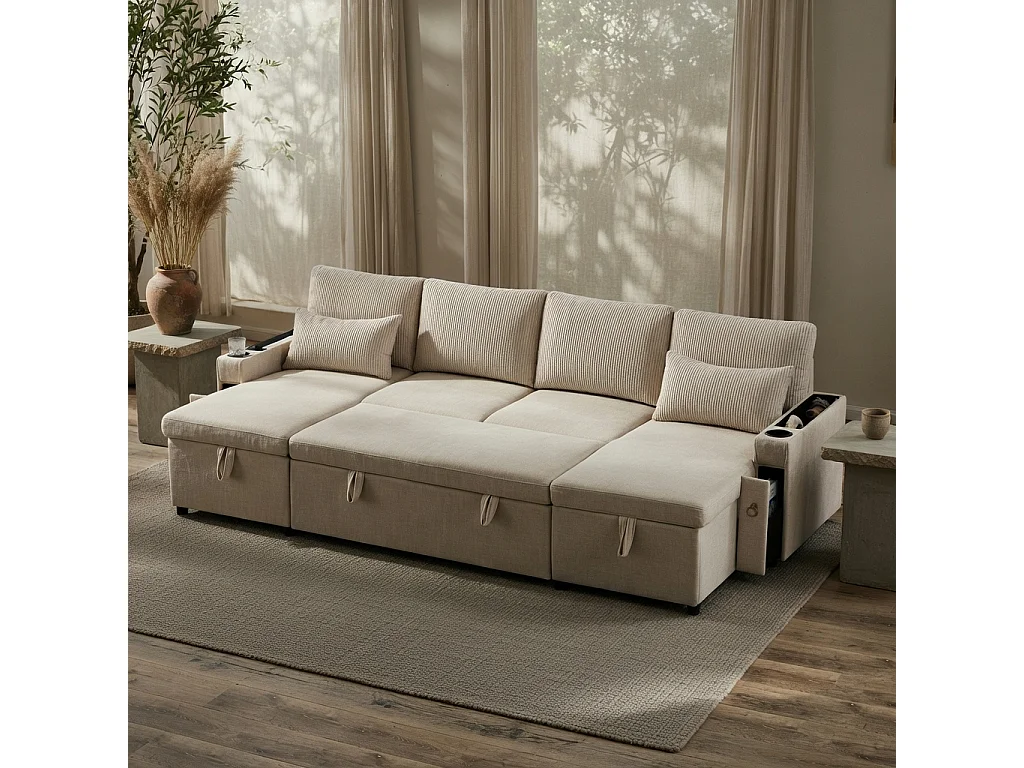 Sofá en U de cuatro plazas, con espacio de almacenamiento y función de cama, que incluye portavasos y cojines de apoyo, beige