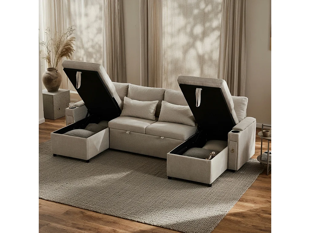 Sofá en U de cuatro plazas, con espacio de almacenamiento y función de cama, que incluye portavasos y cojines de apoyo, beige