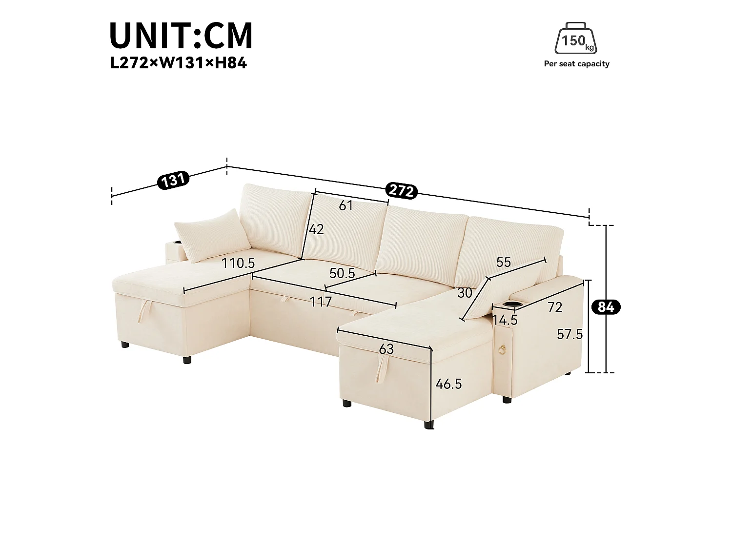 Sofá en U de cuatro plazas, con espacio de almacenamiento y función de cama, que incluye portavasos y cojines de apoyo, beige