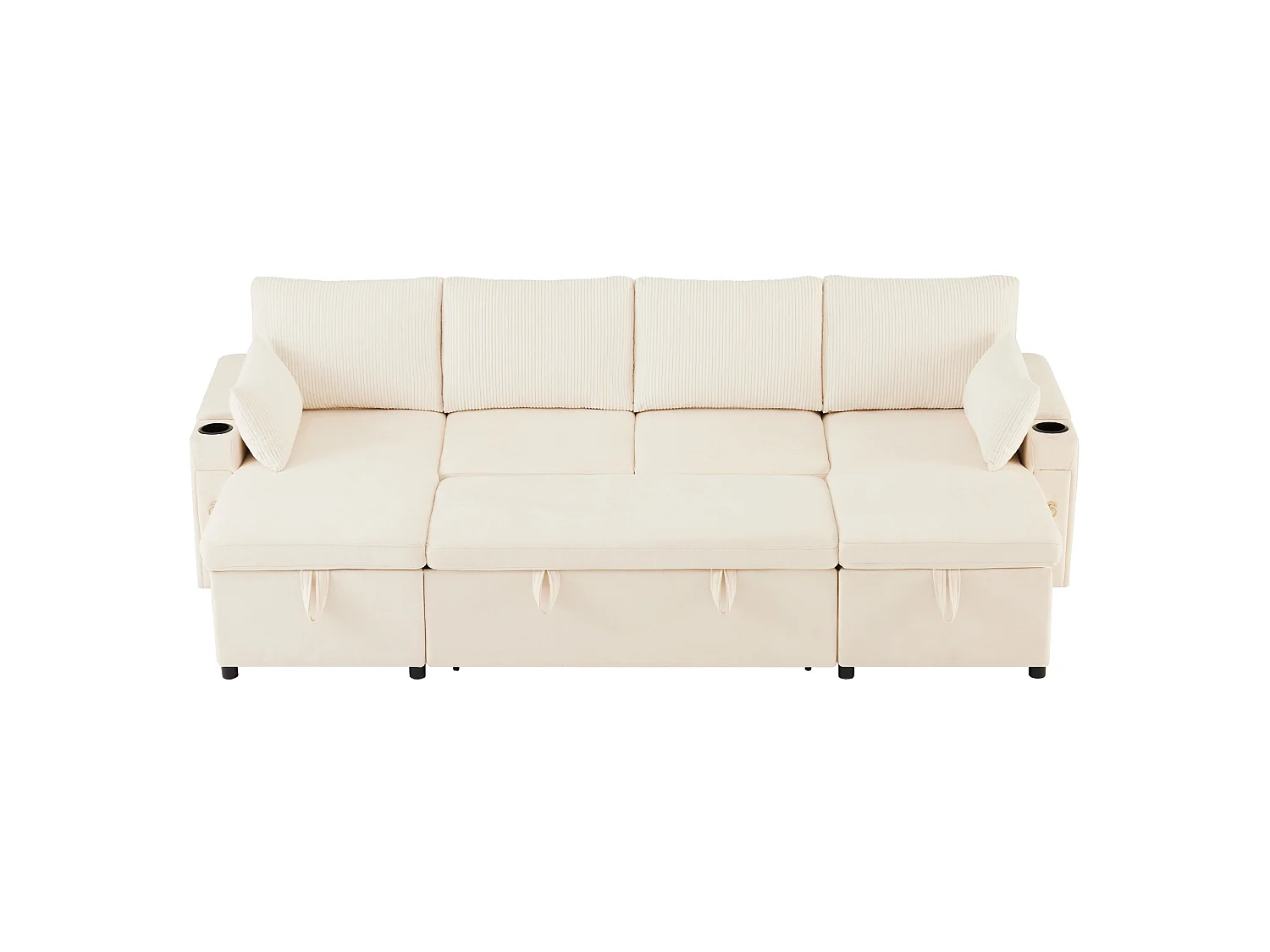 Sofá en U de cuatro plazas, con espacio de almacenamiento y función de cama, que incluye portavasos y cojines de apoyo, beige