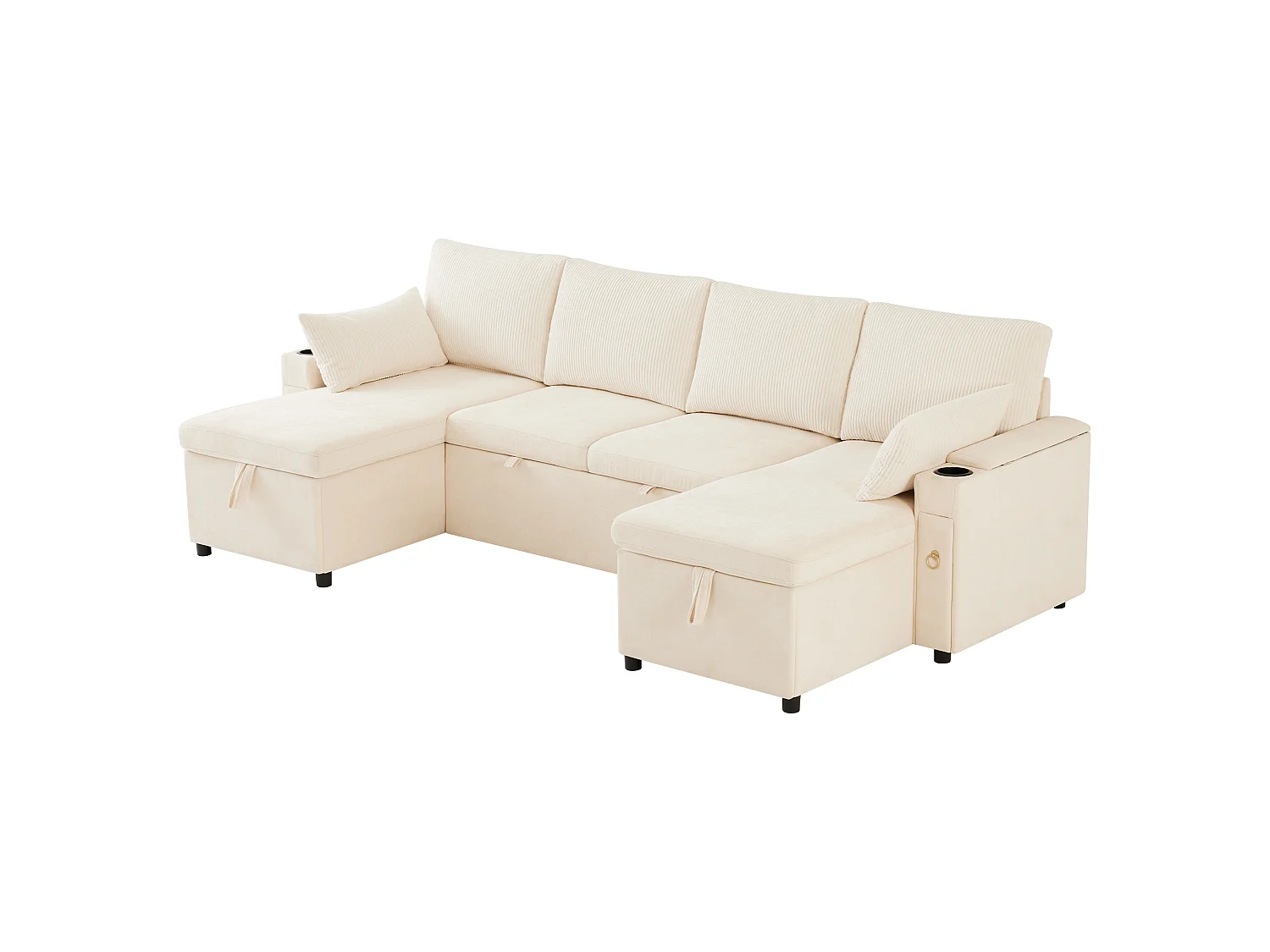 Sofá en U de cuatro plazas, con espacio de almacenamiento y función de cama, que incluye portavasos y cojines de apoyo, beige