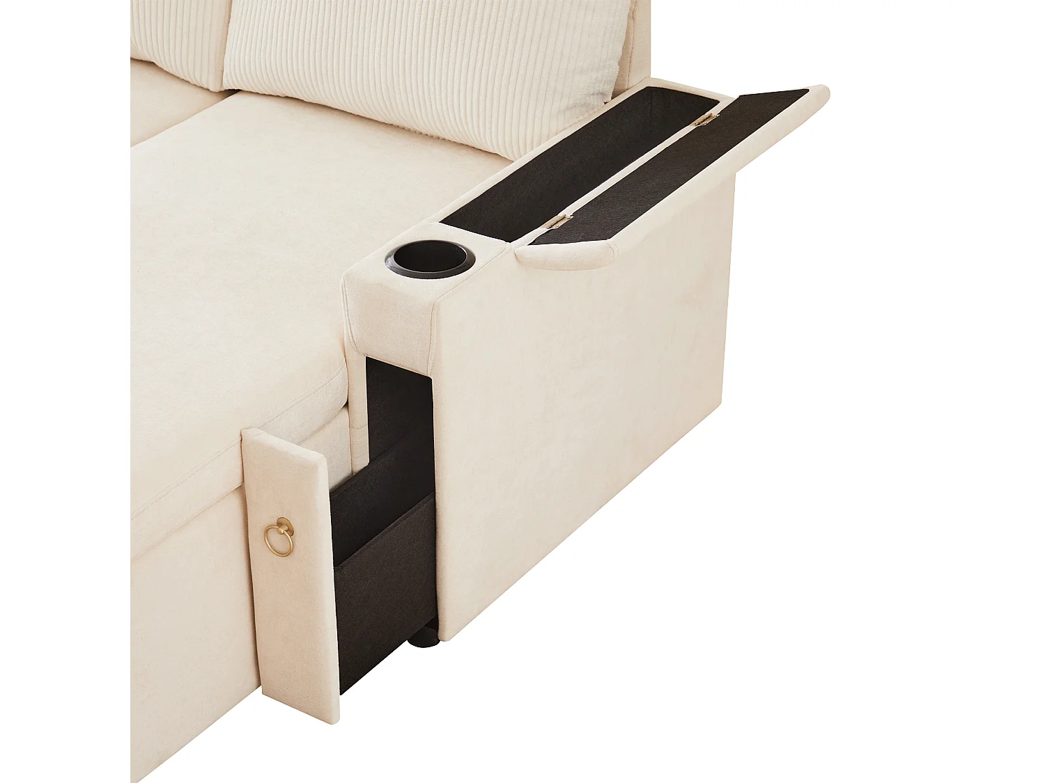 Sofá en U de cuatro plazas, con espacio de almacenamiento y función de cama, que incluye portavasos y cojines de apoyo, beige