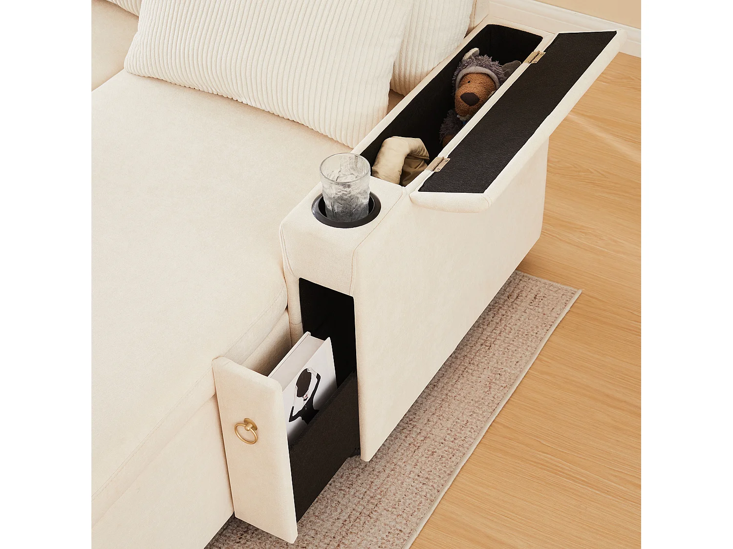 Sofá en U de cuatro plazas, con espacio de almacenamiento y función de cama, que incluye portavasos y cojines de apoyo, beige