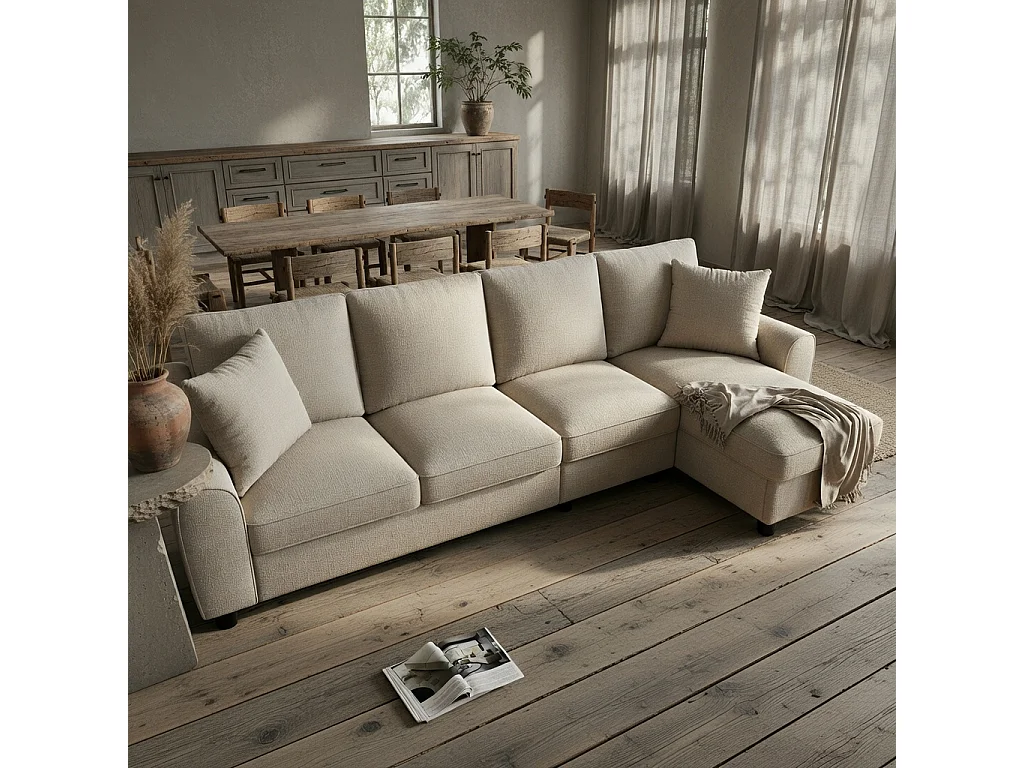 Canapé d'angle 4 places avec rangement en tissu chenille beige
