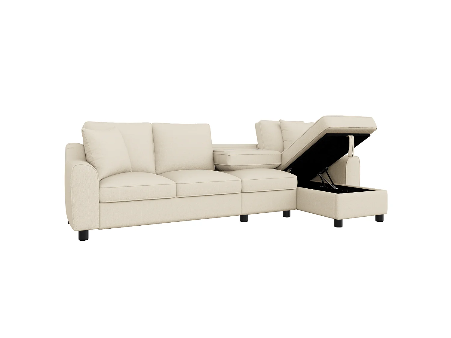 Canapé d'angle 4 places avec rangement en tissu chenille beige