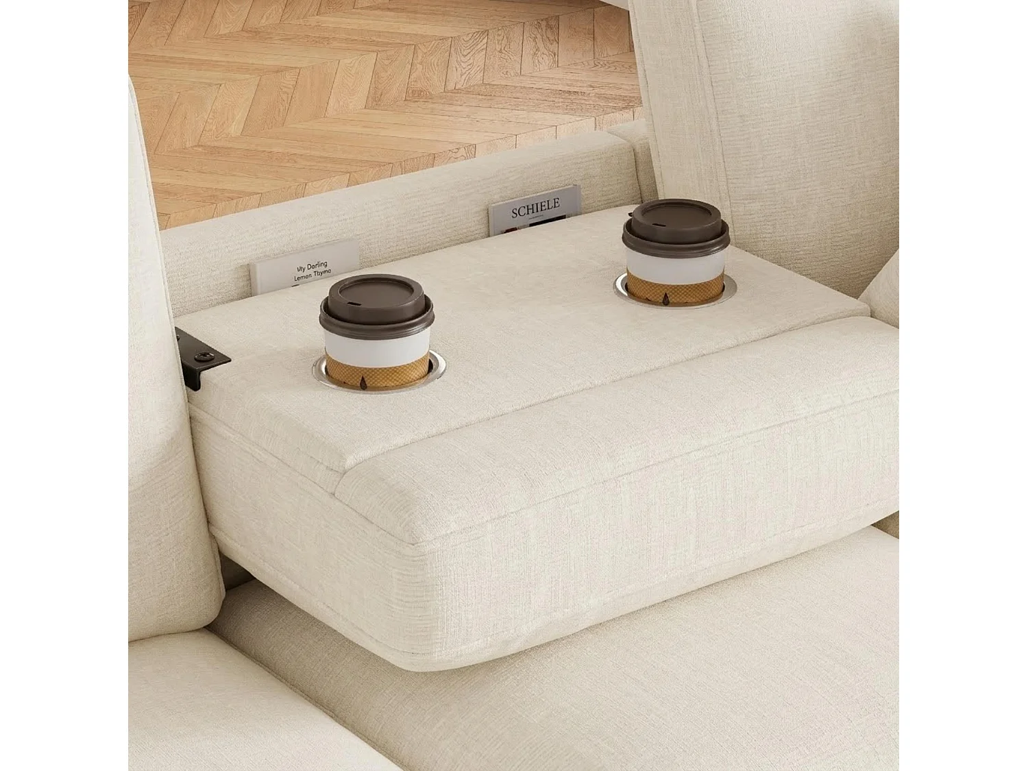 Canapé d'angle 4 places avec rangement en tissu chenille beige