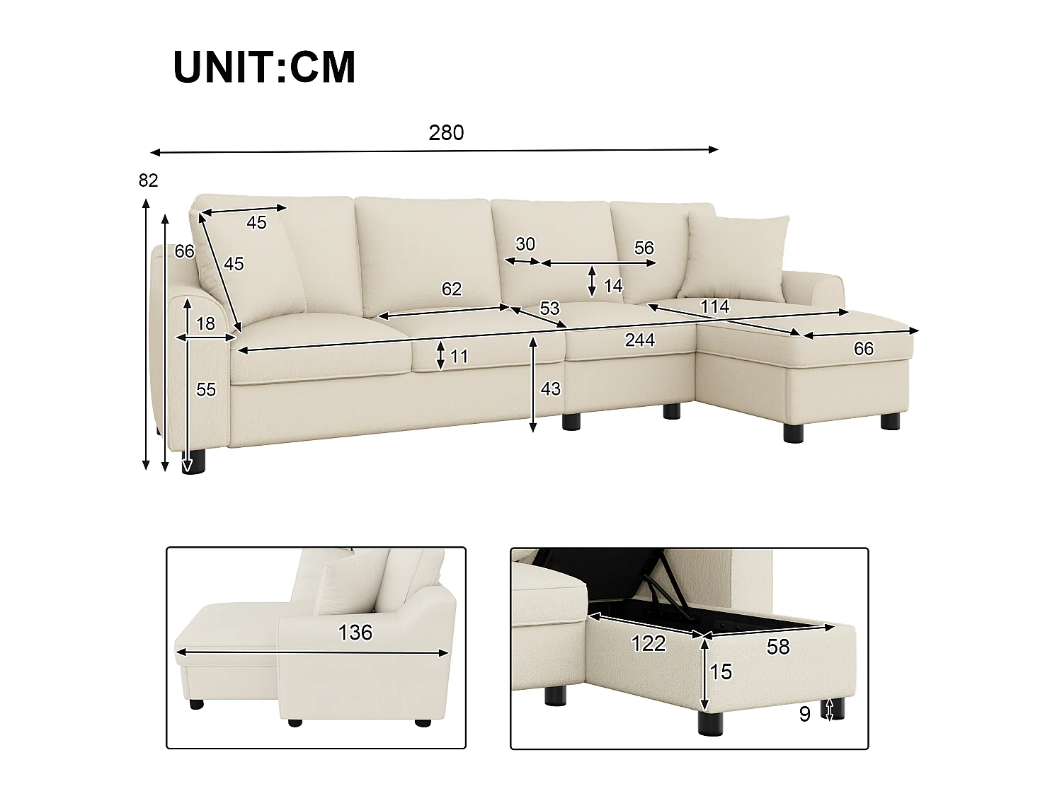 Canapé d'angle 4 places avec rangement en tissu chenille beige