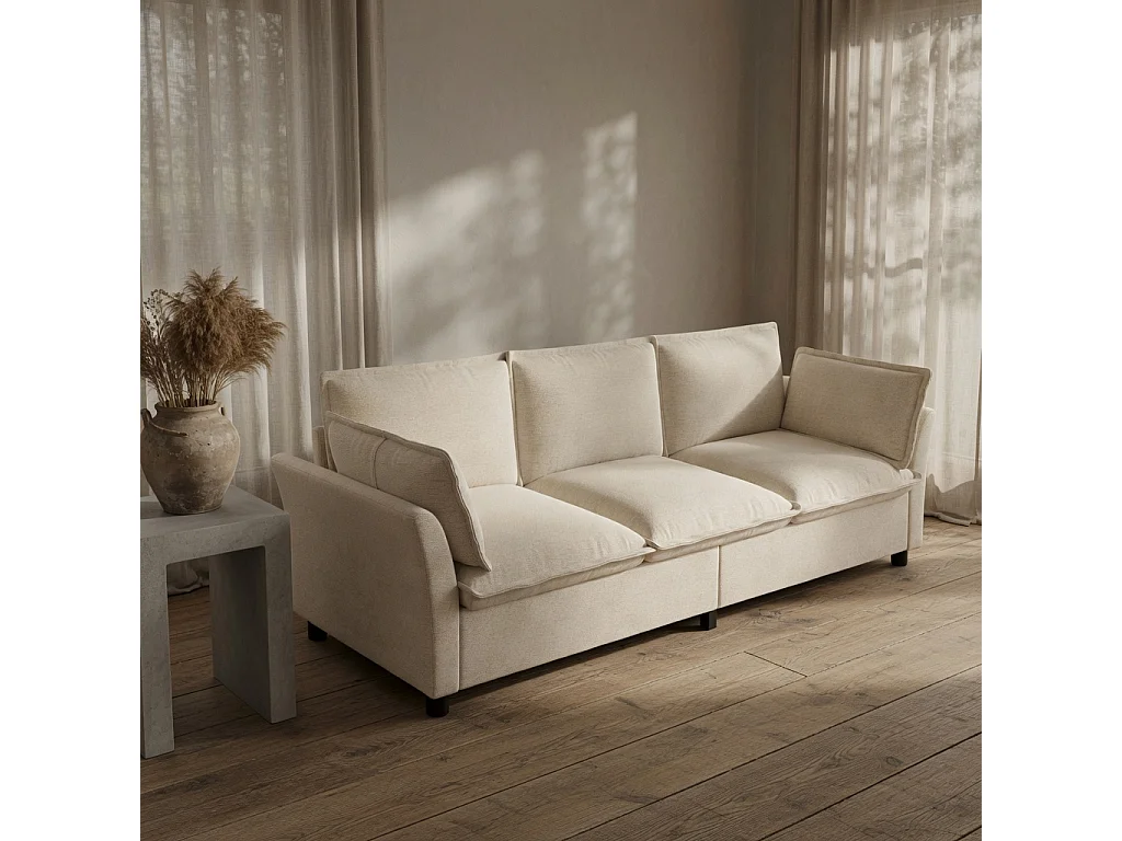 Bankenset, vrij samen te stellen, van chenille-stof, bestaande uit een 3-zitsbank + 2 fauteuils, inclusief kussens, beige