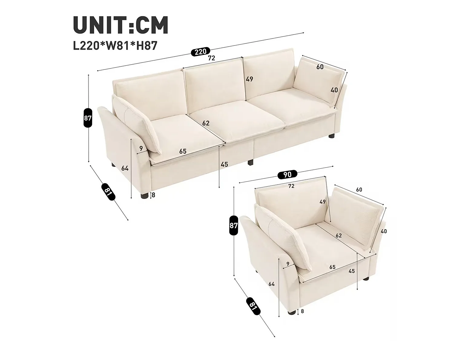 Bankenset, vrij samen te stellen, van chenille-stof, bestaande uit een 3-zitsbank + 2 fauteuils, inclusief kussens, beige